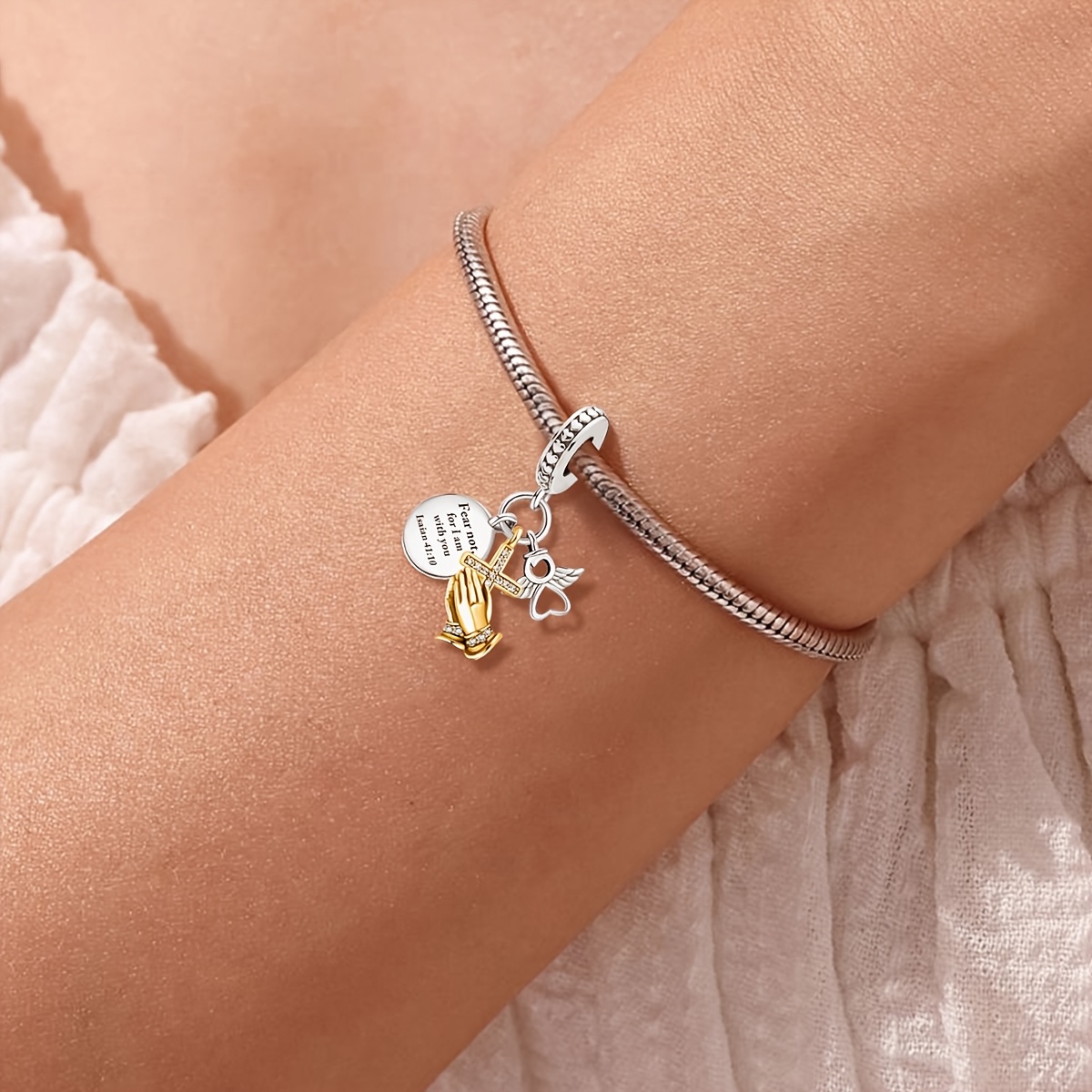 Women's 925 Silver Plated Praying Hands Charm Beaded Bracelet, Thoughtful Gift